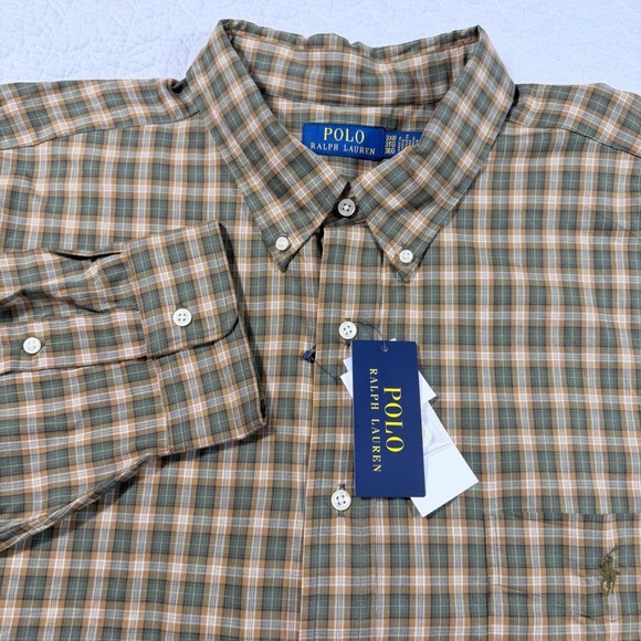 NWT Polo Ralph Lauren Men's Plaid Button Down Shirt 4XB Green Tan Long Sleeve